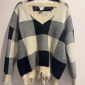 Main Strip Oversized Buffalo Plaid Distressed Sweater One Size V Neck